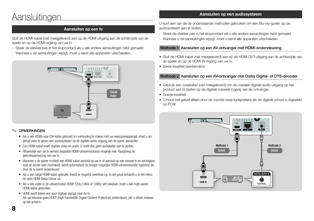 Samsung BD-H5900/XU Aansluitingen, Aansluiten op een tv, Aansluiten op een audiosysteem, Gebruiksaanwijzing van uw tv 