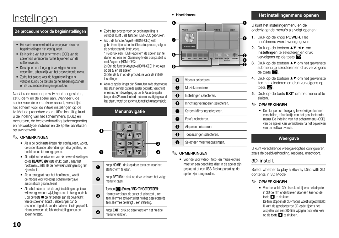 Samsung BD-H5900/EN, BD-H5900/ZF, BD-H5900/XN, BD-H5900/XU, BD-H5900/XE Instellingen, 3D-instell, Menunavigatie, Weergave 