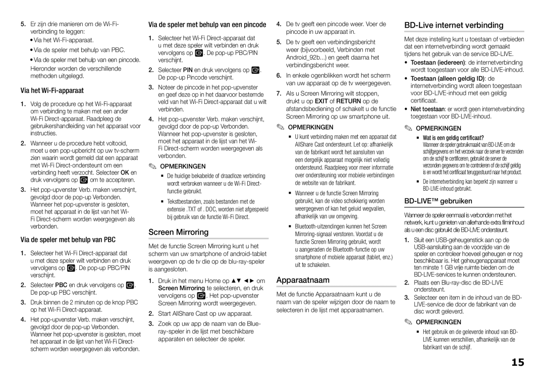 Samsung BD-H5900/EN Apparaatnaam, BD-Live internet verbinding, Via het Wi-Fi-apparaat, Via de speler met behulp van PBC 
