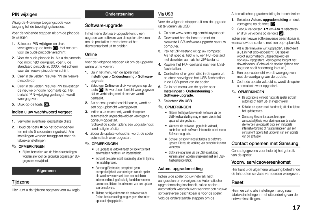 Samsung BD-H5900/XN PIN wijzigen, Tijdzone, Software-upgrade, Contact opnemen met Samsung, Voorw. serviceovereenkomst 