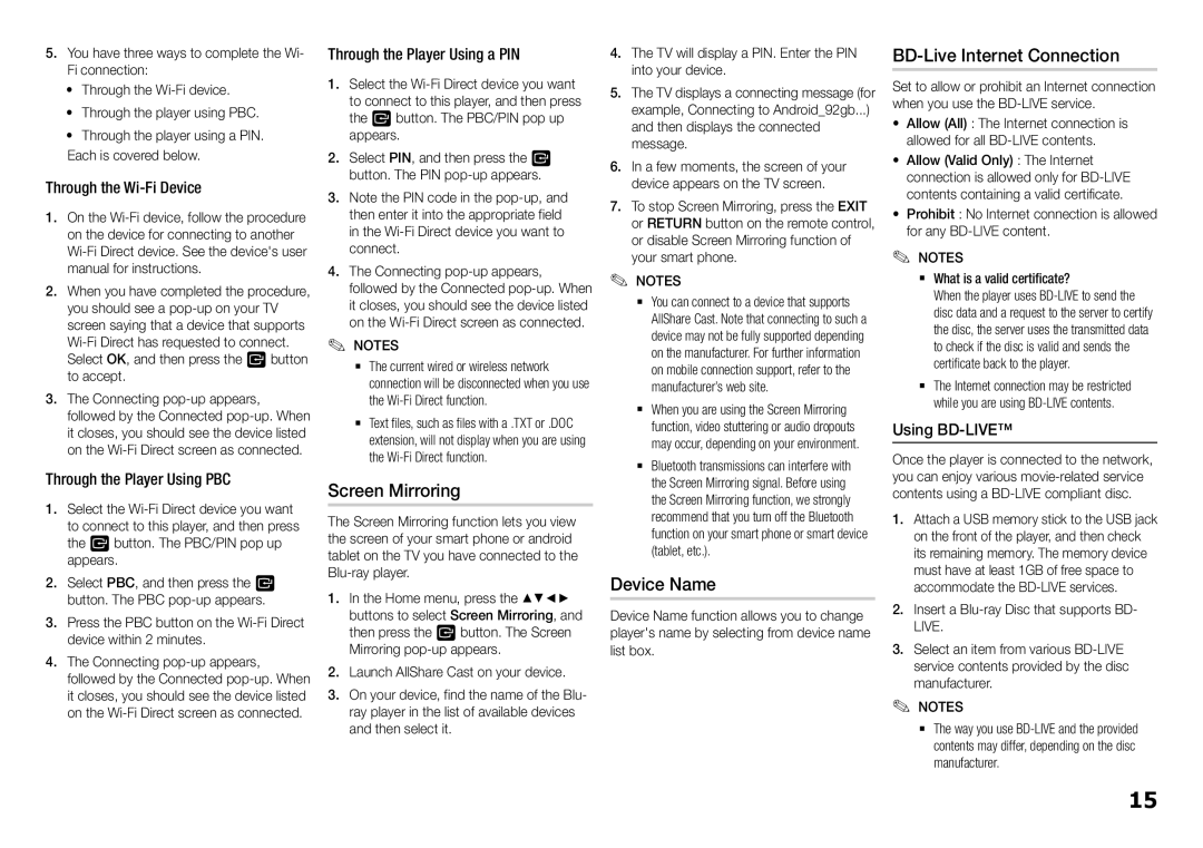 Samsung BD-H5900/EN, BD-H5900/ZF, BD-H5900/XN, BD-H5900/XU manual Screen Mirroring, Device Name, BD-Live Internet Connection 