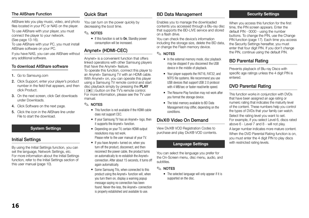 Samsung BD-H5900/ZF, BD-H5900/EN Initial Settings, Quick Start, Anynet+ HDMI-CEC, BD Data Management, DivX Video On Demand 