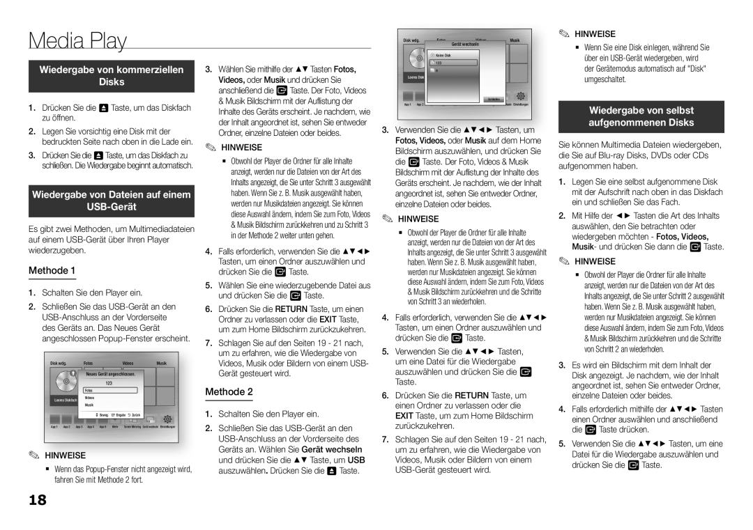 Samsung BD-H5900/XE USB-Gerät, Methode, Drücken Sie die 8 Taste, um das Diskfach zu öffnen, Schalten Sie den Player ein 