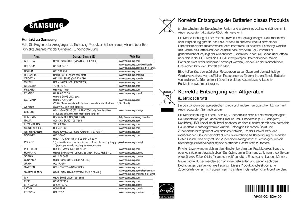 Samsung BD-H5900/XU, BD-H5900/EN, BD-H5900/ZF, BD-H5900/XN Korrekte Entsorgung der Batterien dieses Produkts, AK68-02483A-00 