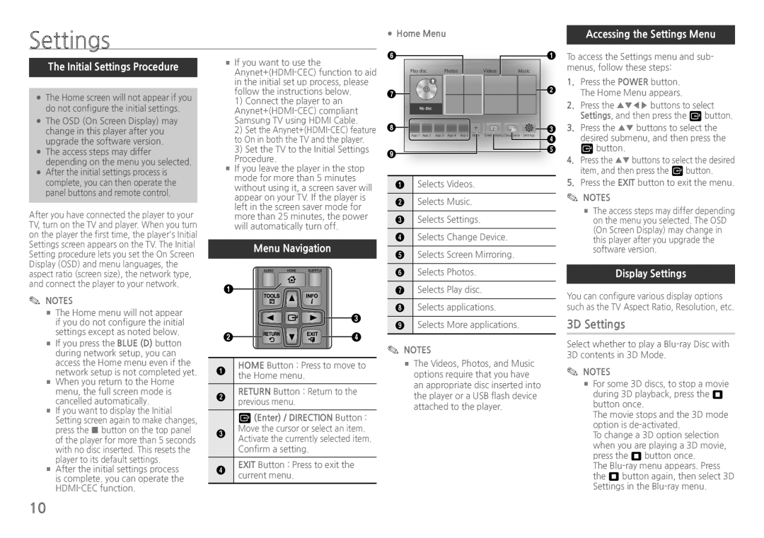 Samsung BD-H5900/EN, BD-H5900/ZF 3D Settings, Accessing the Settings Menu Initial Settings Procedure, Menu Navigation 