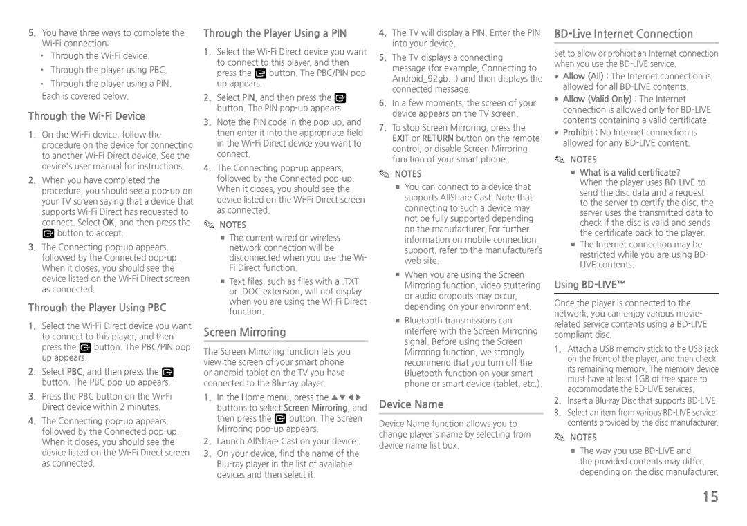 Samsung BD-H5900/EN, BD-H5900/ZF, BD-H5900/XN, BD-H5900/XU manual Screen Mirroring, Device Name, BD-Live Internet Connection 