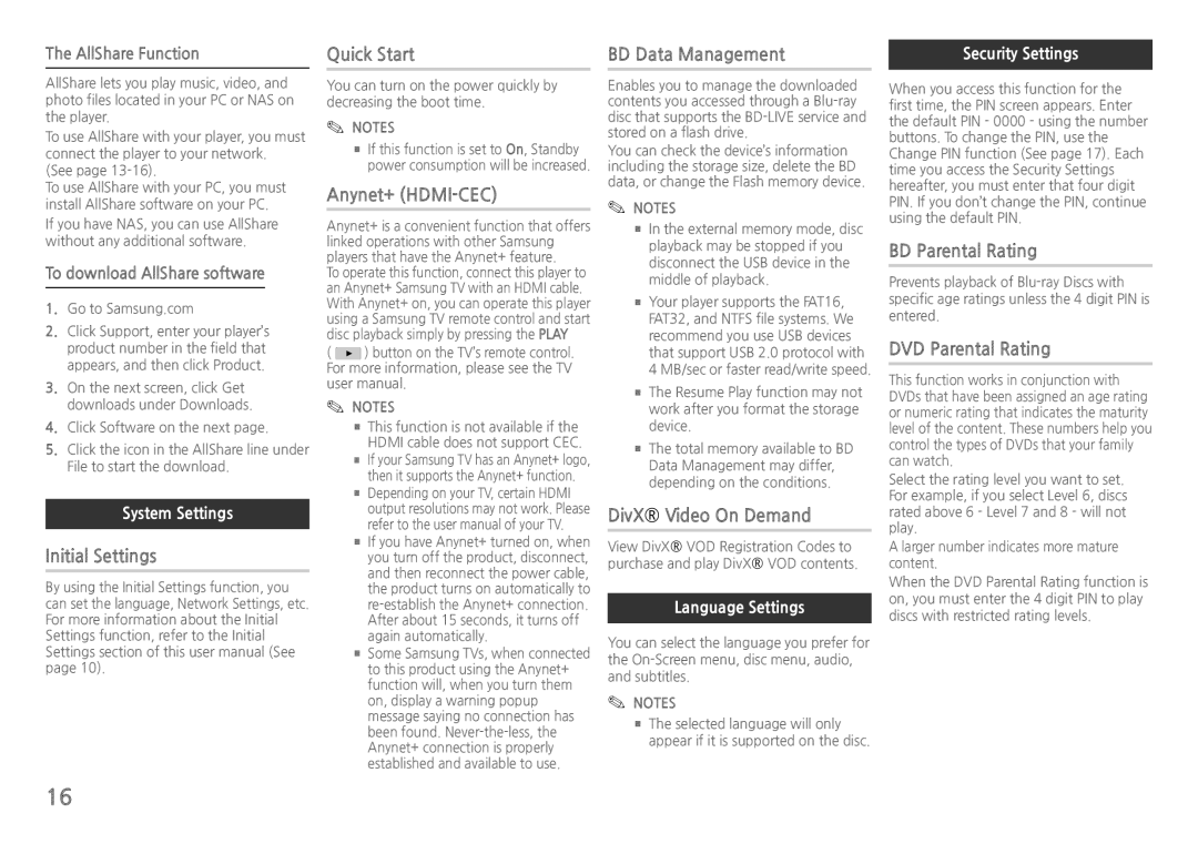 Samsung BD-H5900/ZF, BD-H5900/EN Initial Settings Quick Start, Anynet+ HDMI-CEC, BD Data Management, DivX Video On Demand 