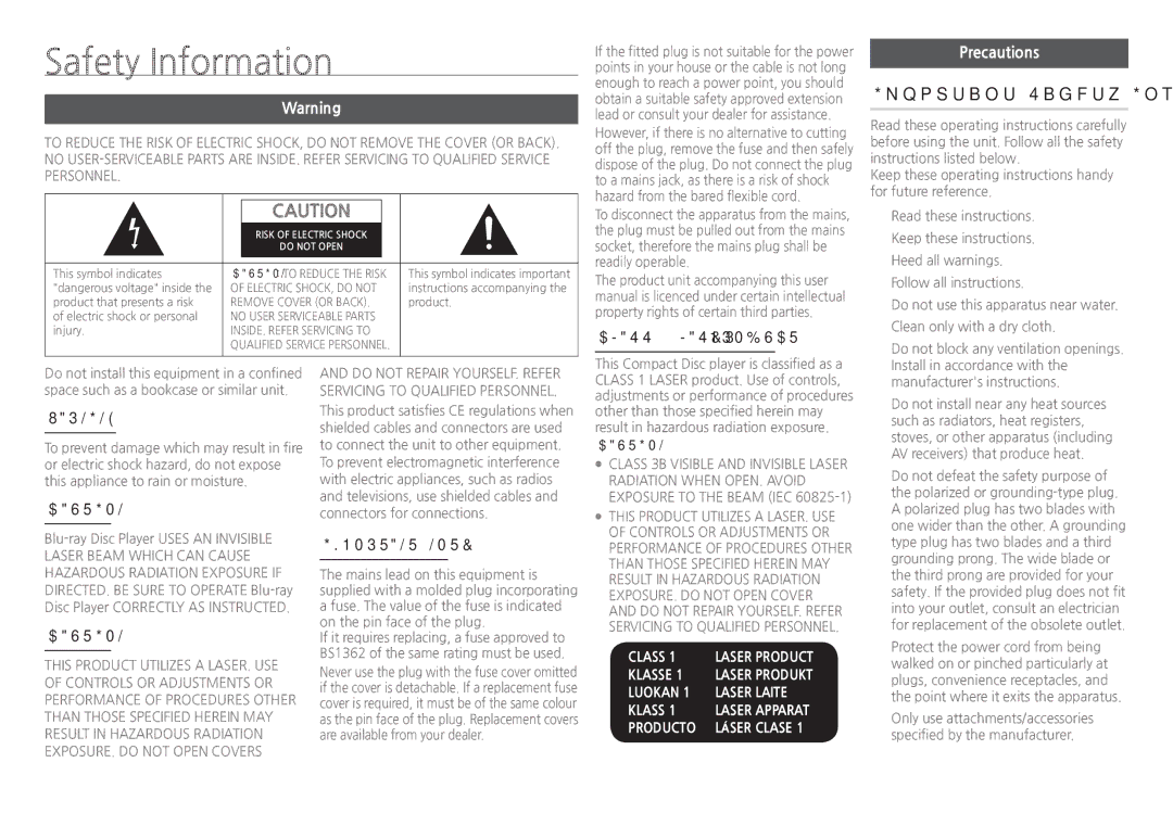 Samsung BD-H5900/XN, BD-H5900/EN, BD-H5900/ZF, BD-H5900/XU Safety Information, Important Safety Instructions, Precautions 