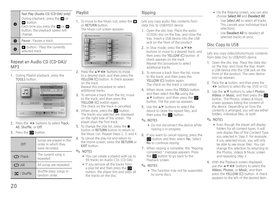 Samsung BD-H5900/EN, BD-H5900/ZF, BD-H5900/XN manual Repeat an Audio CD CD-DA/ MP3, Playlist, Ripping, Disc Copy to USB 
