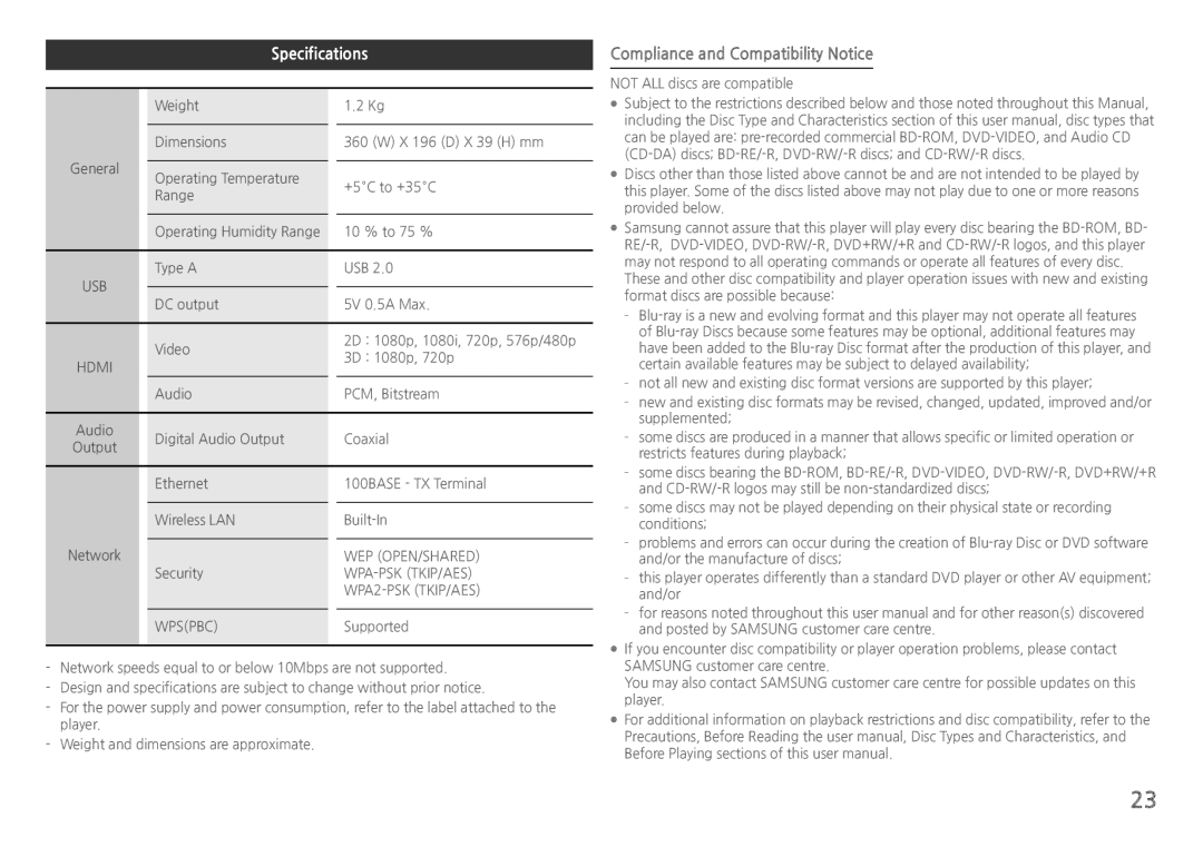 Samsung BD-H5900/XU, BD-H5900/EN, BD-H5900/ZF, BD-H5900/XN, BD-H5900/XE Specifications, Compliance and Compatibility Notice 