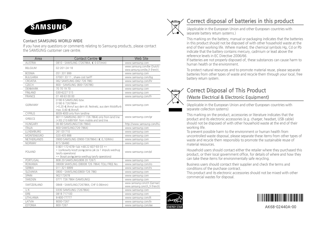 Samsung BD-H5900/XN Waste Electrical & Electronic Equipment, Contact Samsung World Wide, Area Contact Centre  Web Site 