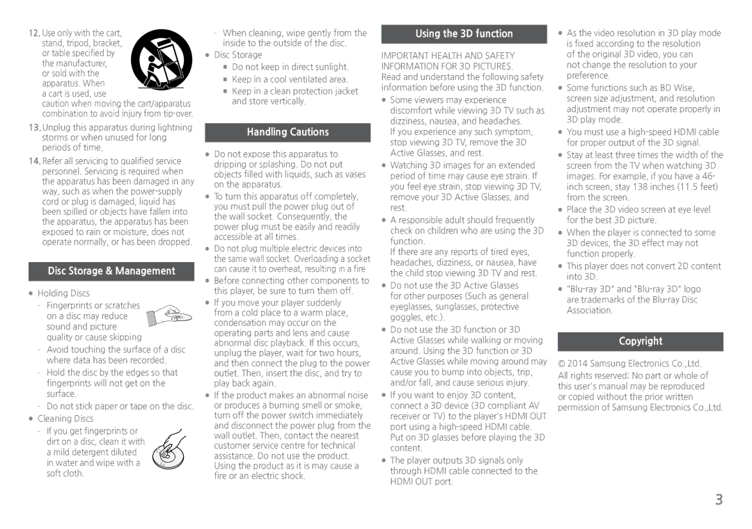 Samsung BD-H5900/XU Disc Storage & Management, Handling Cautions, Using the 3D function, Copyright, Use only with the cart 