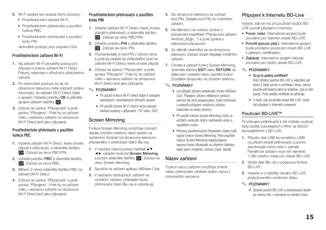 Samsung BD-H5900/EN, BD-H5900/ZF, BD-H5900/XN, BD-H5900/XU Screen Mirroring, Název zařízení, Připojení k Internetu BD-Live 