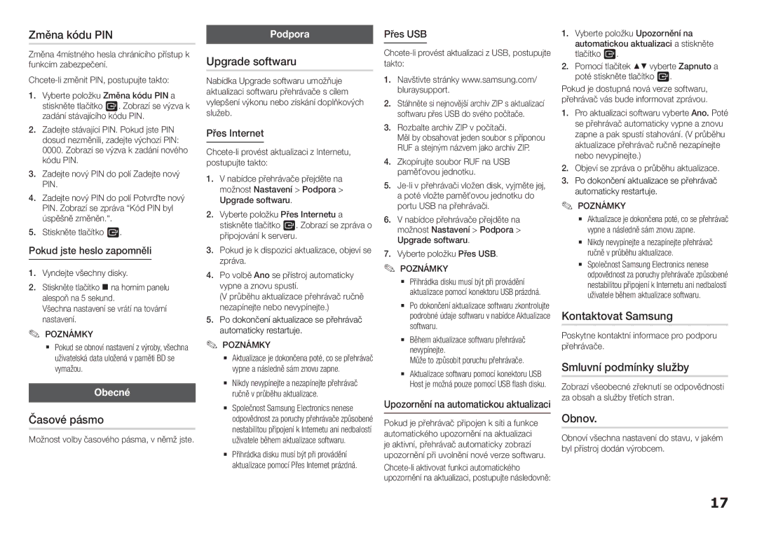 Samsung BD-H5900/XN Změna kódu PIN, Časové pásmo, Upgrade softwaru, Kontaktovat Samsung, Smluvní podmínky služby, Obnov 