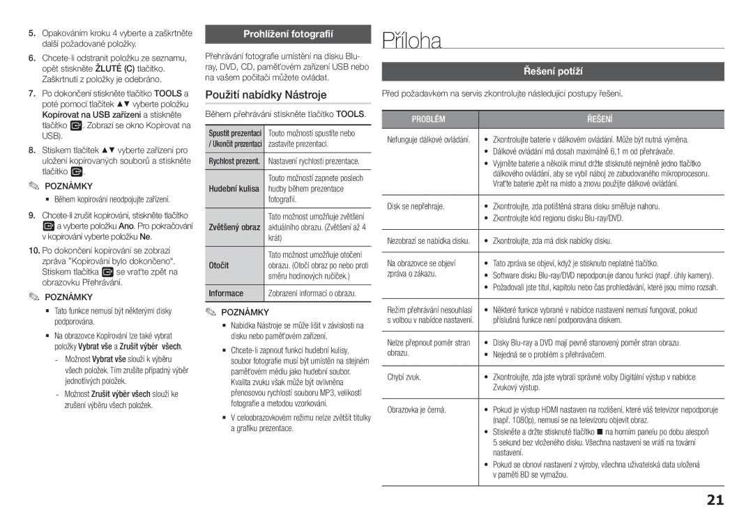 Samsung BD-H5900/ZF, BD-H5900/EN, BD-H5900/XN manual Příloha, Použití nabídky Nástroje, Prohlížení fotografií, Řešení potíží 