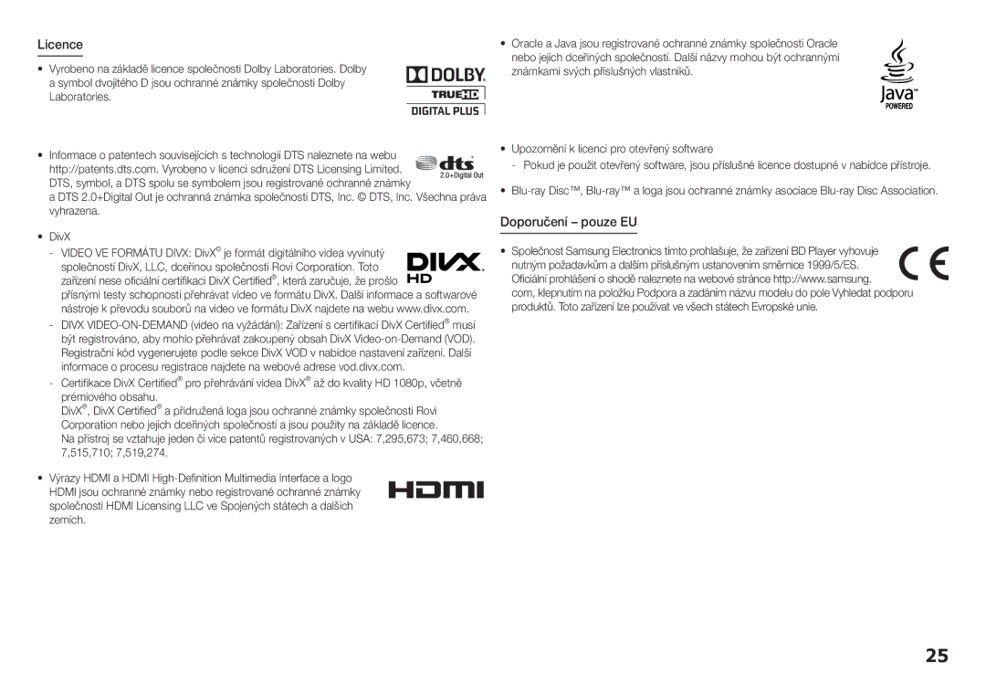 Samsung BD-H5900/EN, BD-H5900/ZF, BD-H5900/XN, BD-H5900/XU, BD-H5900/XE manual Licence, Doporučení pouze EU 