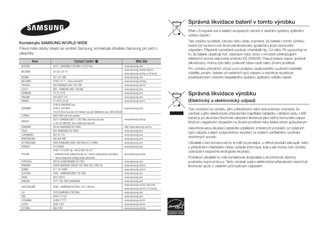 Samsung BD-H5900/ZF, BD-H5900/EN, BD-H5900/XN, BD-H5900/XU, BD-H5900/XE manual Správná likvidace baterií v tomto výrobku 