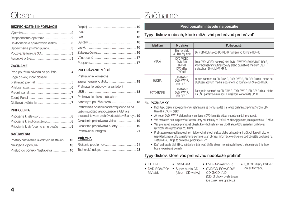 Samsung BD-H5900/EN, BD-H5900/ZF, BD-H5900/XN manual Obsah Začíname, Typy diskov a obsah, ktoré môže váš prehrávač prehrávať 