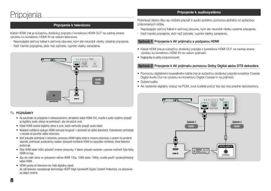 Samsung BD-H5900/XE, BD-H5900/EN, BD-H5900/ZF manual Pripojenia, Pripojenie k televízoru, Pripojenie k audiosystému, Spôsob 