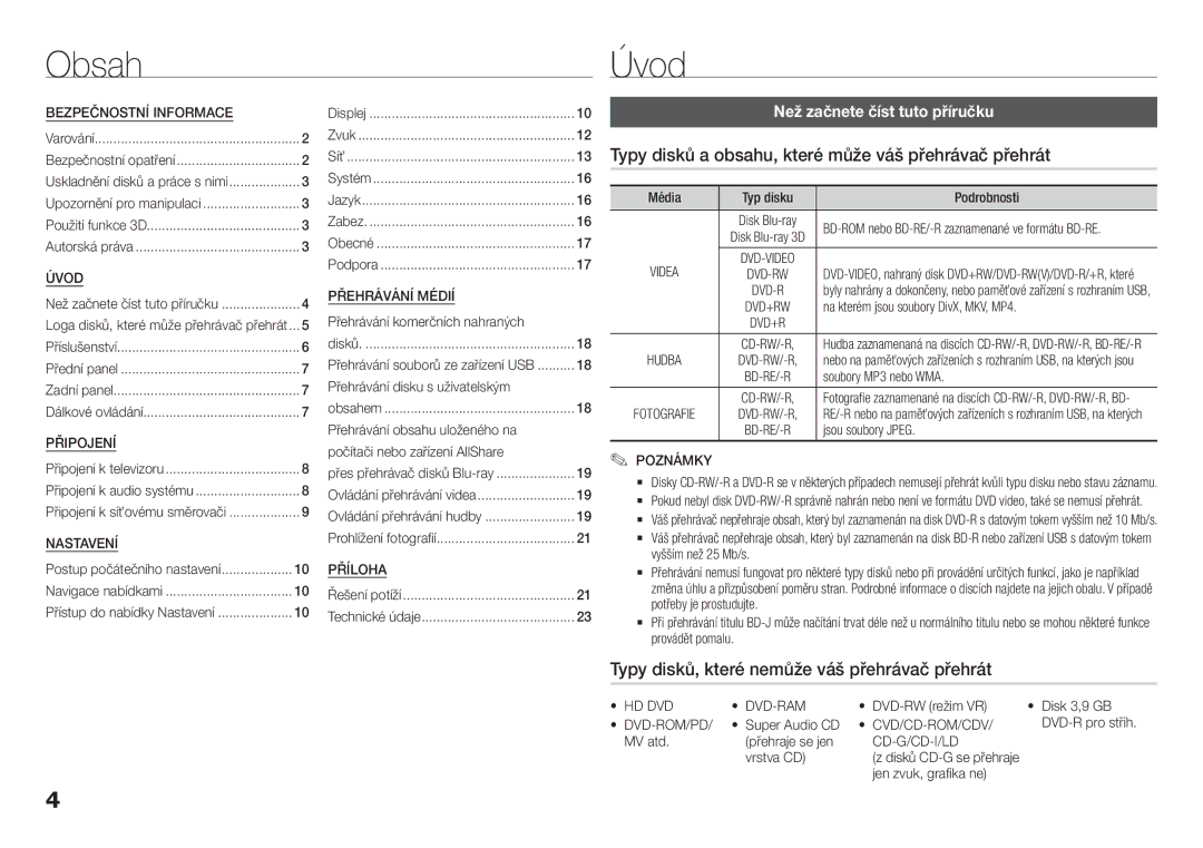 Samsung BD-H5900/XE Obsah Úvod, Typy disků a obsahu, které může váš přehrávač přehrát, Než začnete číst tuto příručku 