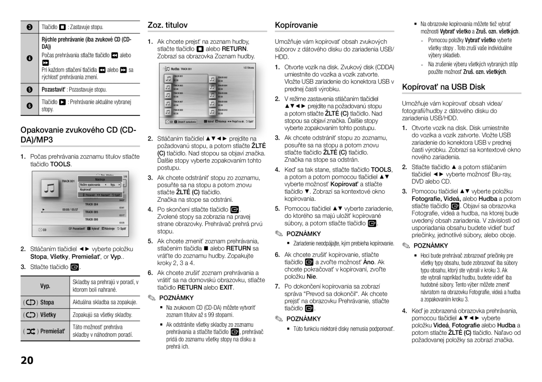 Samsung BD-H5900/ZF, BD-H5900/EN manual Zoz. titulov Kopírovanie, Kopírovať na USB Disk, Opakovanie zvukového CD CD, Hdd 