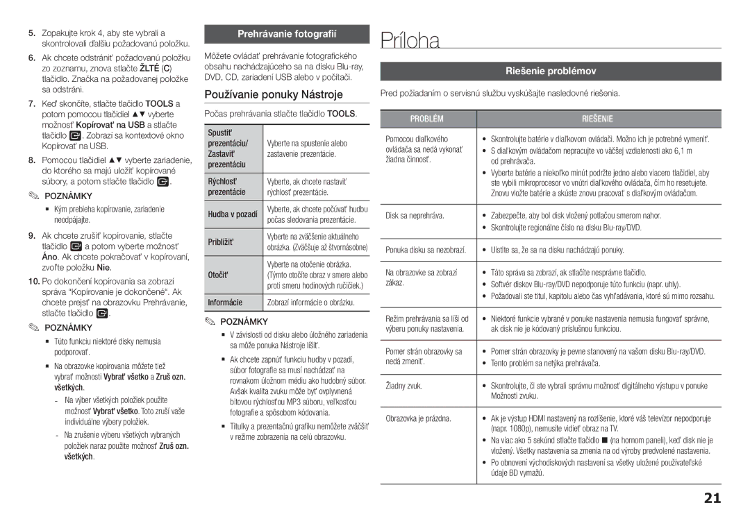 Samsung BD-H5900/XN, BD-H5900/EN manual Príloha, Používanie ponuky Nástroje, Prehrávanie fotografií, Riešenie problémov 