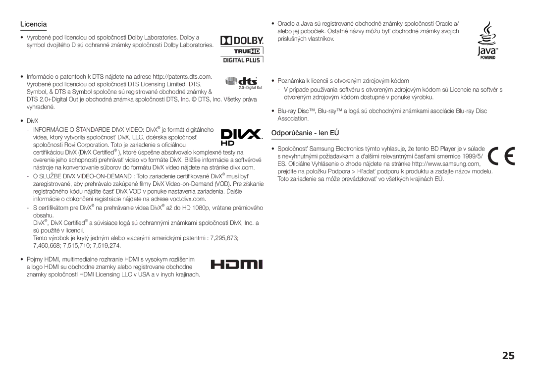 Samsung BD-H5900/ZF, BD-H5900/EN, BD-H5900/XN, BD-H5900/XU, BD-H5900/XE manual Licencia, Odporúčanie len EÚ, Vyhradené 