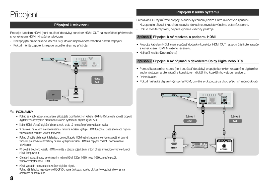 Samsung BD-H5900/XU, BD-H5900/EN, BD-H5900/ZF manual Připojení k televizoru, Připojení k audio systému, Dobrá kvalita 