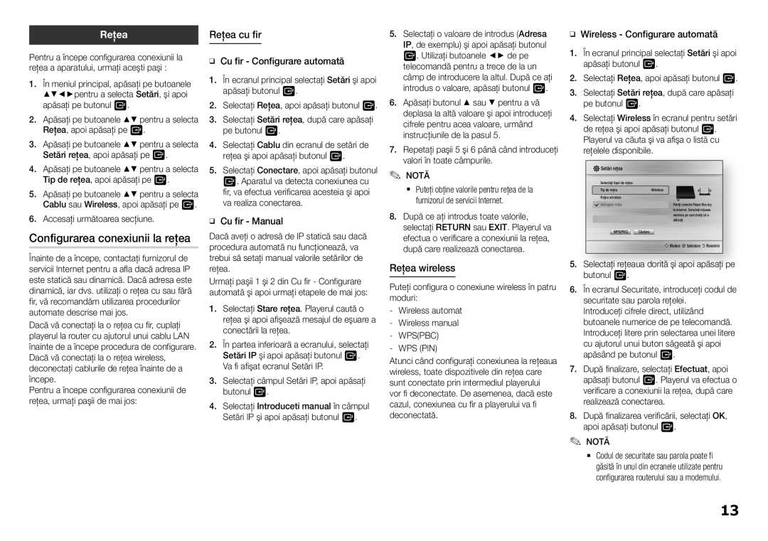 Samsung BD-H5900/EN manual Configurarea conexiunii la reţea, Reţea cu fir, Reţea wireless 