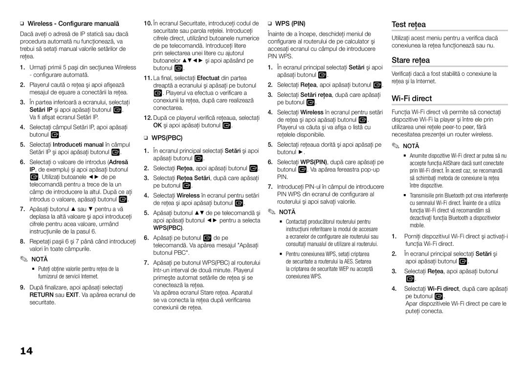 Samsung BD-H5900/EN Test reţea, Stare reţea, Wi-Fi direct, ĞĞ Wireless Configurare manuală, Pin Wps 