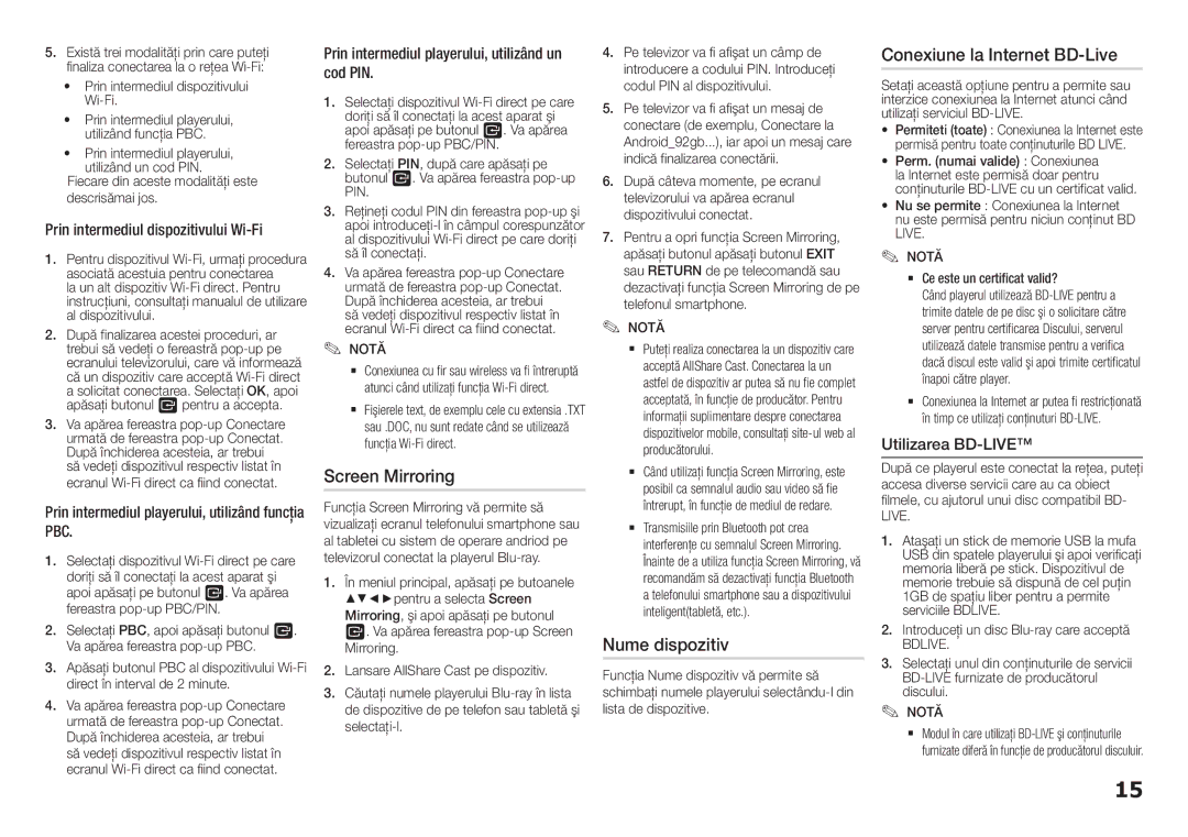 Samsung BD-H5900/EN manual Screen Mirroring, Nume dispozitiv, Conexiune la Internet BD-Live 