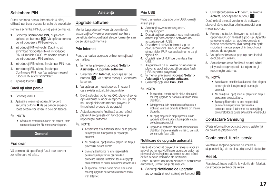 Samsung BD-H5900/EN Schimbare PIN, Fus orar, Upgrade software, Contactare Samsung, Contr. cond. furniz. servicii, Reset 