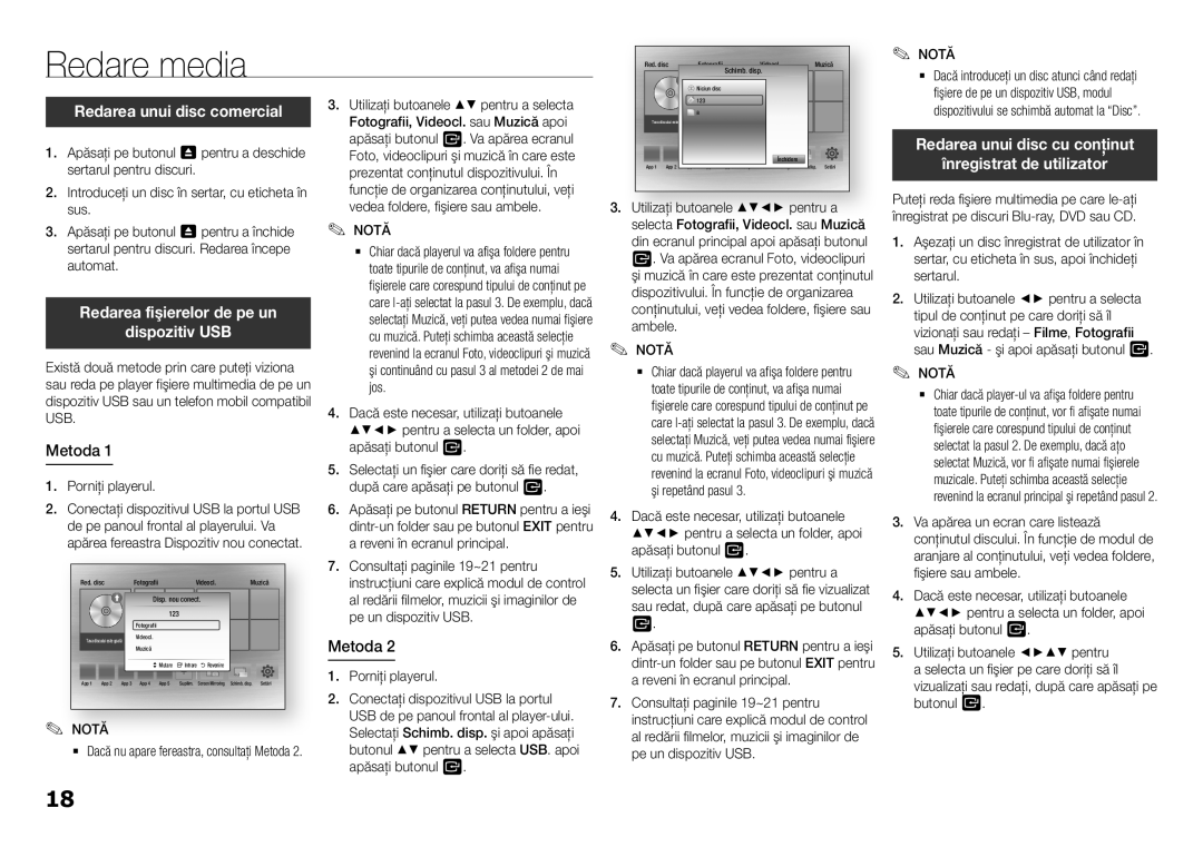 Samsung BD-H5900/EN manual Redare media, Redarea unui disc comercial, Redarea fişierelor de pe un Dispozitiv USB, Metoda 