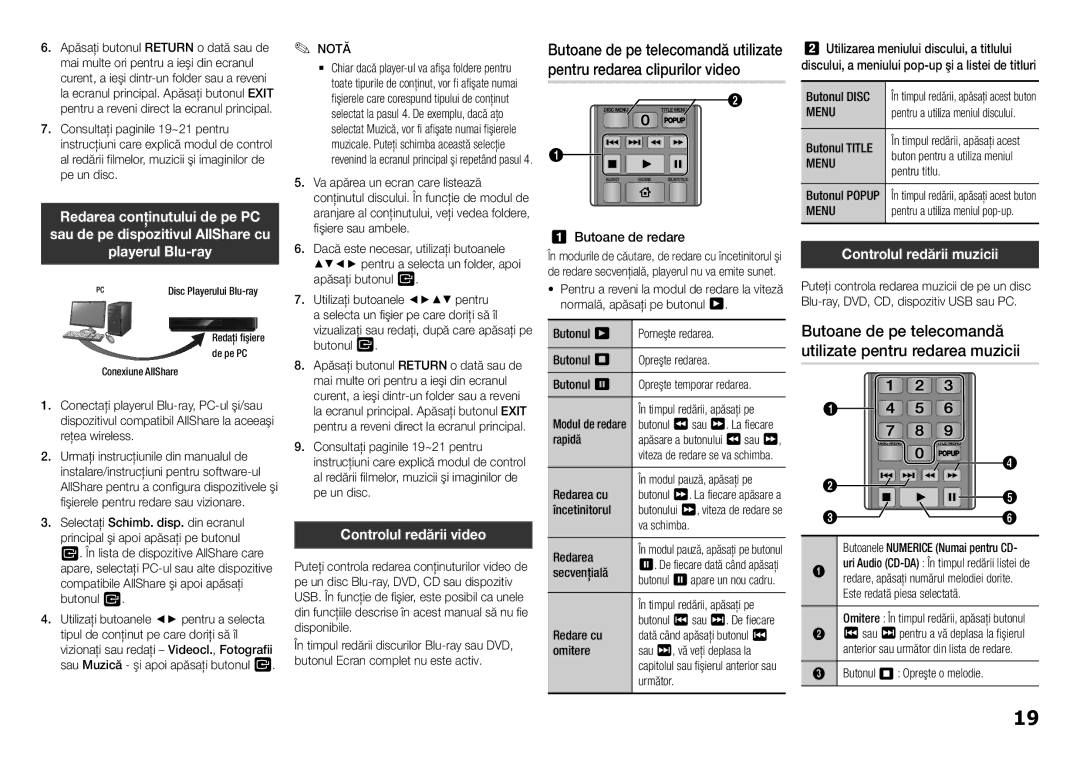 Samsung BD-H5900/EN manual Controlul redării muzicii, Butoane de pe telecomandă utilizate pentru redarea muzicii 