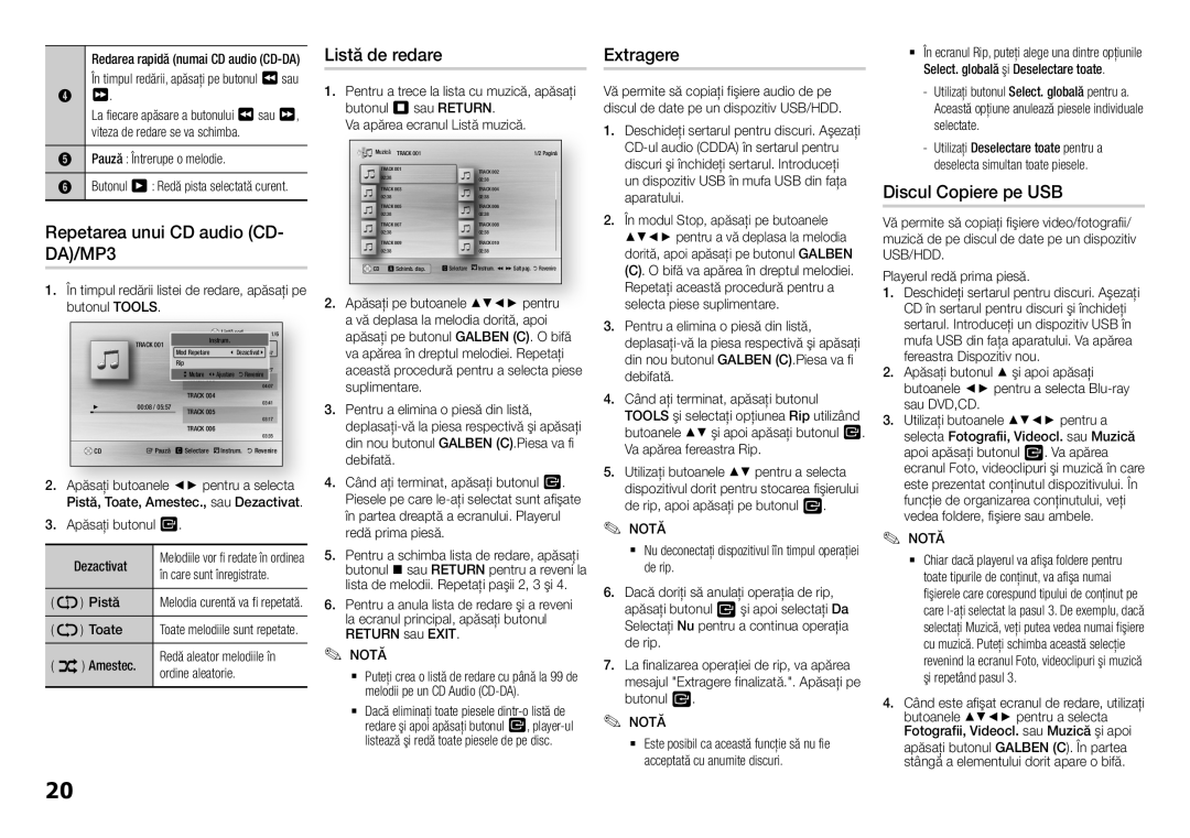 Samsung BD-H5900/EN manual Repetarea unui CD audio CD- DA/MP3, Listă de redare, Extragere, Discul Copiere pe USB, Exit Notă 