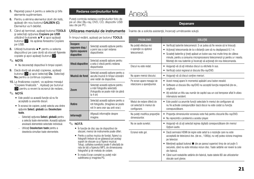 Samsung BD-H5900/EN manual Anexă, Redarea conţinuturilor foto, Utilizarea meniului de instrumente, Depanare 