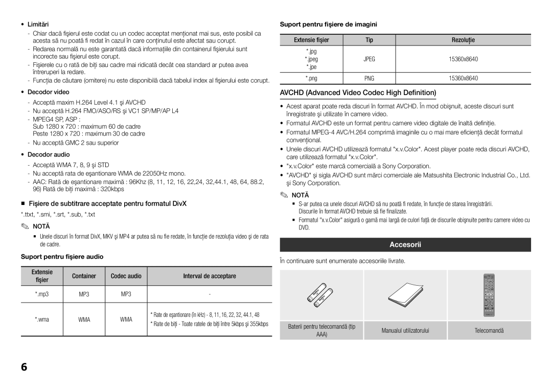 Samsung BD-H5900/EN manual Avchd Advanced Video Codec High Definition, Accesorii, Suport pentru fişiere audio 