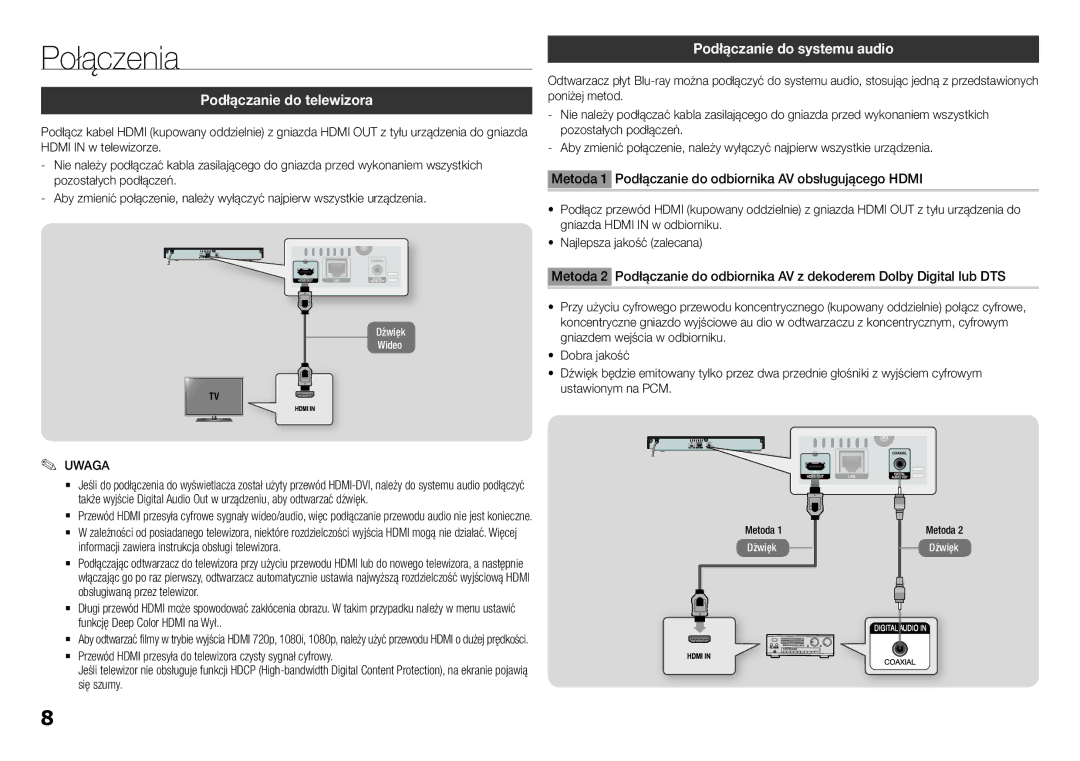 Samsung BD-H5900/EN manual Połączenia, Podłączanie do telewizora, Podłączanie do systemu audio 