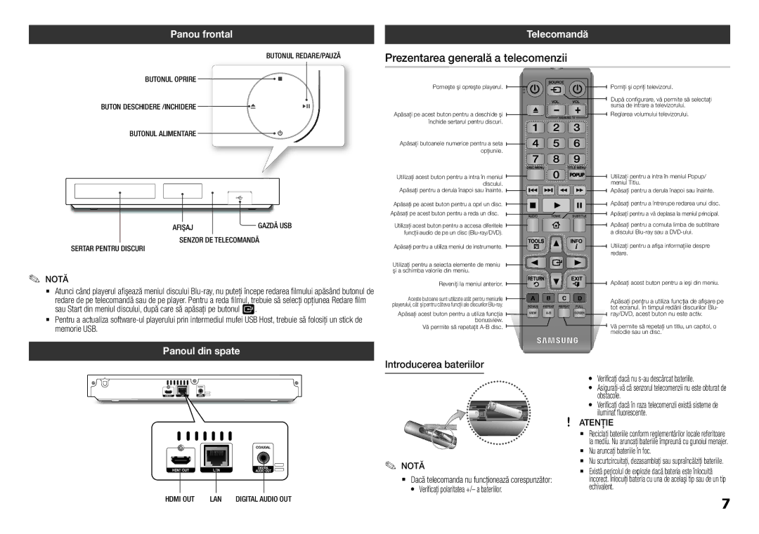 Samsung BD-H5900/EN manual Prezentarea generală a telecomenzii, Panou frontal, Telecomandă, Panoul din spate 