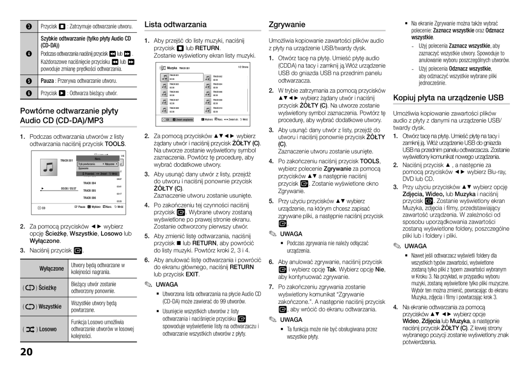 Samsung BD-H5900/EN manual Powtórne odtwarzanie płyty Audio CD CD-DA/MP3, Lista odtwarzania, Zgrywanie, Żółty C 