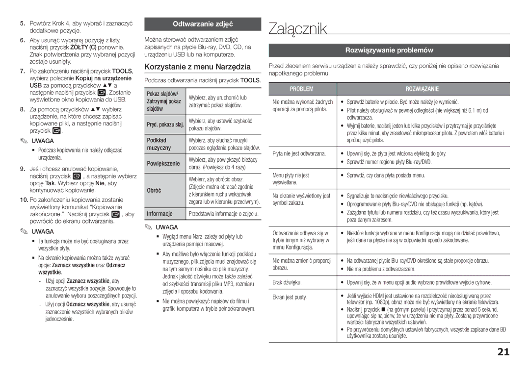 Samsung BD-H5900/EN manual Załącznik, Korzystanie z menu Narzędzia, Odtwarzanie zdjęć, Rozwiązywanie problemów 