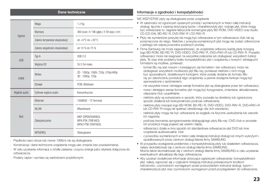 Samsung BD-H5900/EN manual Dane techniczne, Informacje o zgodności i kompatybilności, Wlan 