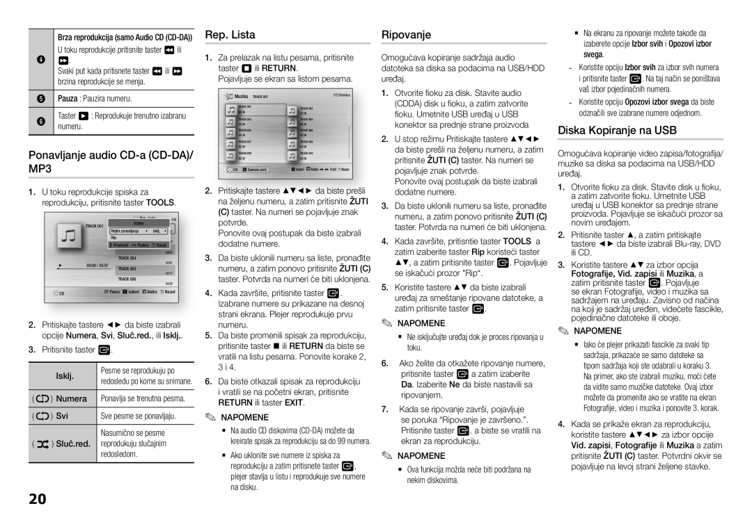 Samsung BD-H5900/EN manual Ponavljanje audio CD-a CD-DA/ MP3, Rep. Lista, Ripovanje, Diska Kopiranje na USB 