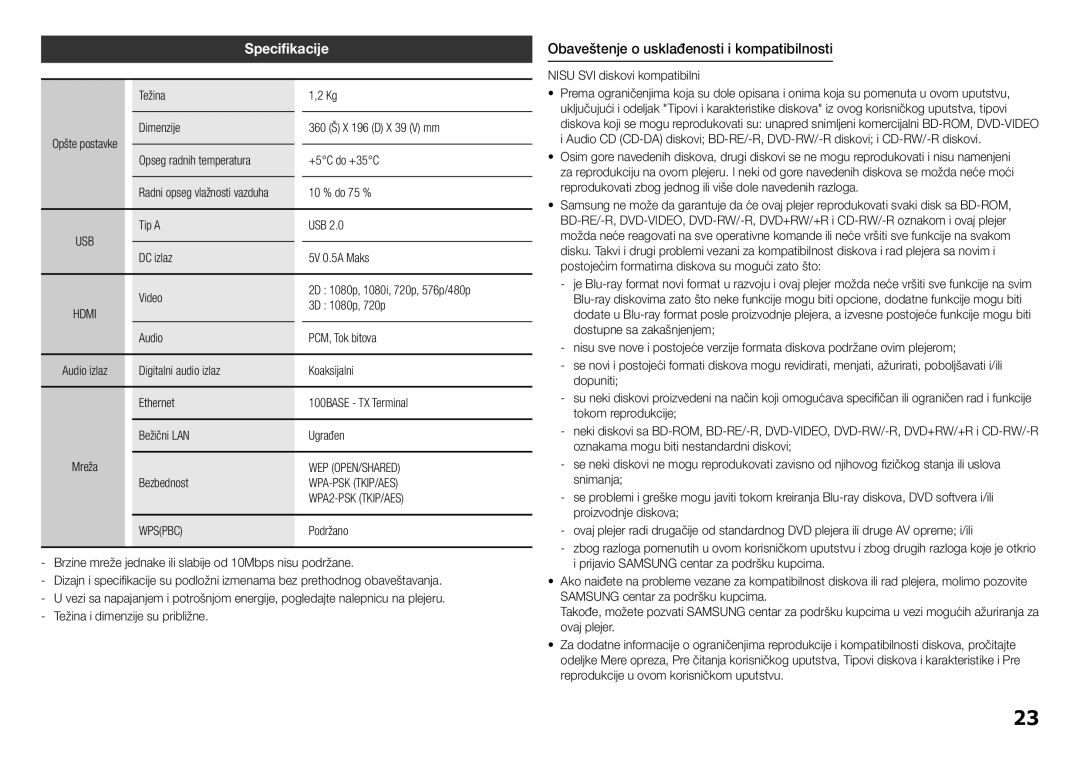 Samsung BD-H5900/EN Specifikacije, Obaveštenje o usklađenosti i kompatibilnosti, Wep Open/Shared, Wpa-Psk Tkip/Aes, Wpspbc 