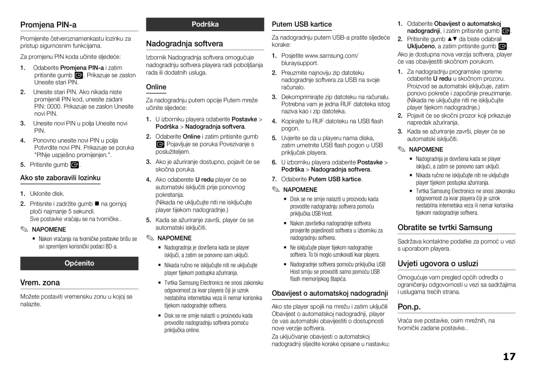 Samsung BD-H5900/EN manual Promjena PIN-a, Vrem. zona, Obratite se tvrtki Samsung, Uvjeti ugovora o usluzi, Pon.p 