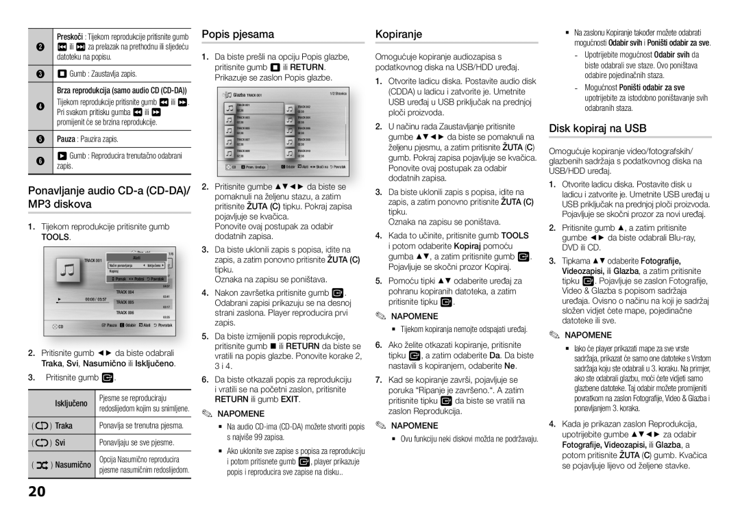 Samsung BD-H5900/EN manual Ponavljanje audio CD-a CD-DA/ MP3 diskova, Popis pjesama, Kopiranje, Disk kopiraj na USB, Tools 