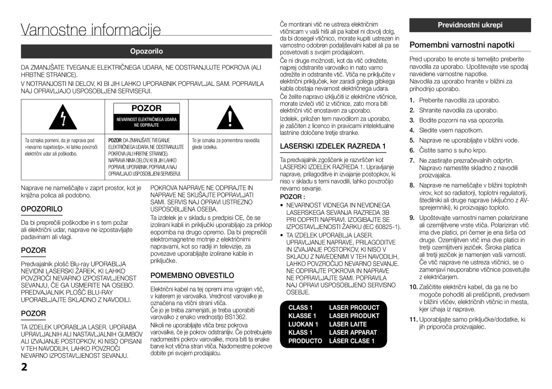 Samsung BD-H5900/EN manual Varnostne informacije, Pomembni varnostni napotki, Opozorilo, Previdnostni ukrepi, Pozor 