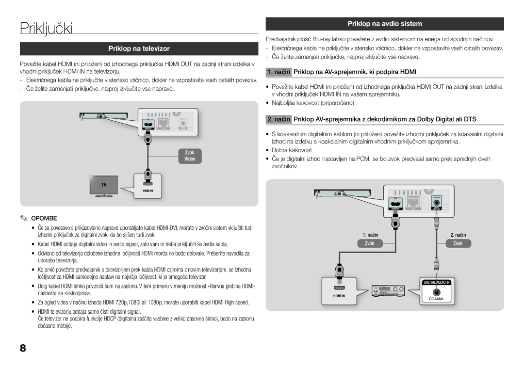 Samsung BD-H5900/EN manual Priključki, Priklop na televizor, Priklop na avdio sistem, Način Zvok 