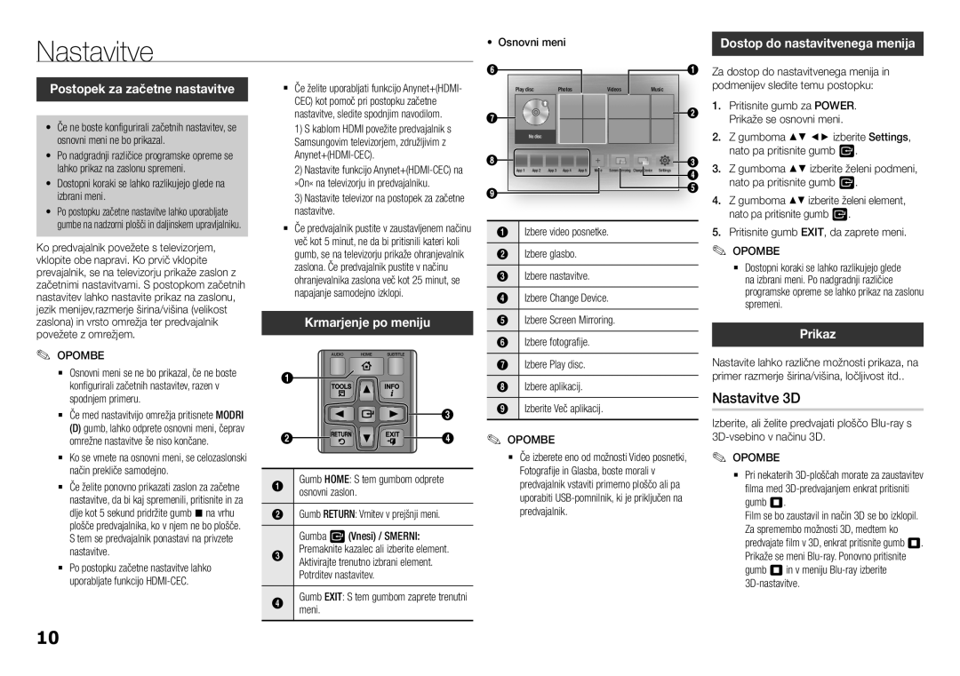 Samsung BD-H5900/EN manual Nastavitve 3D, Postopek za začetne nastavitve, Krmarjenje po meniju, Prikaz 