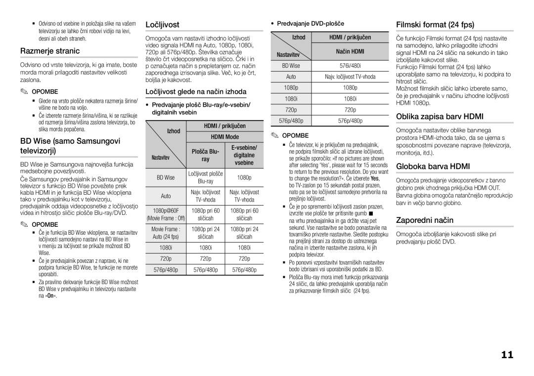 Samsung BD-H5900/EN manual Razmerje stranic, BD Wise samo Samsungovi televizorji, Ločljivost, Filmski format 24 fps 